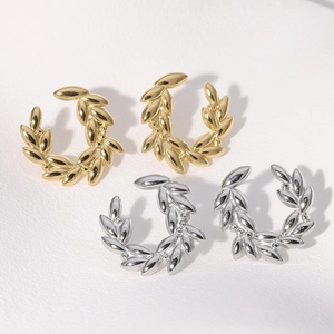 Elegant gold and silver stainless steel leaf earrings with olive branch design
