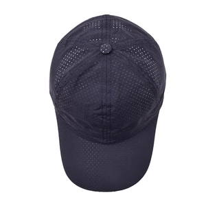Top view of dark blue breathable mesh baseball cap with perforated quick-dry fabric