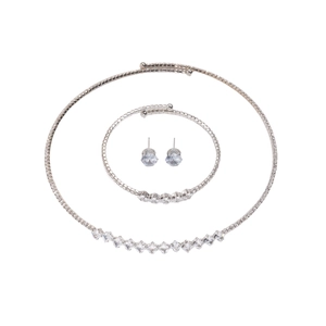 Three-piece luxury silver jewelry set with square cubic zirconia necklace, bangle, and studs