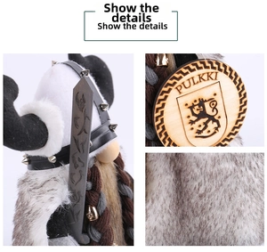 Detail of Viking gnome plush showing faux fur texture, braided beard, and horned helmet