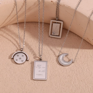 Silver stainless steel double layer necklace with moon and star geometric pendants
