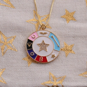 Golden round pendant necklace with zircon star and colorful lucky enamel symbols