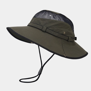 Army green outdoor sun hat with wide brim, breathable mesh, and adjustable chin strap