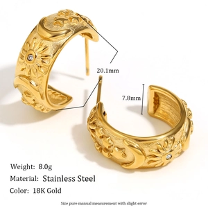 18K gold plated stainless steel C-shaped hoop earrings with sun moon and star relief