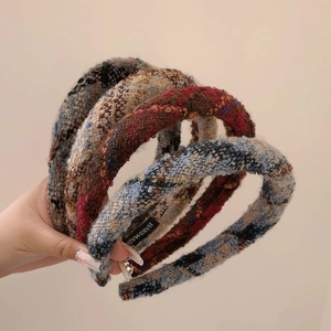 Tweed Padded Headband Plaid Woven Checkered Hairband Handmade Retro Elegant Hair Accessories For Women