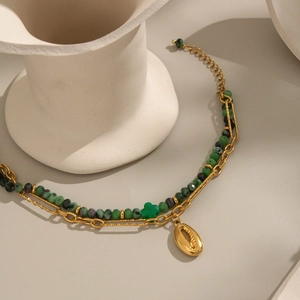 Double-layer stainless steel necklace with natural green stone beads and golden shell pendant