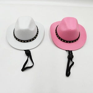 Mini decorative western cowboy hats in white and pink with adjustable black star bands