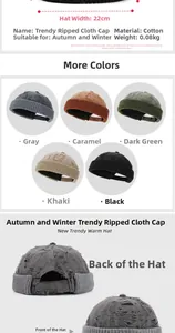 Detailed size chart and multi-color options for distressed vintage knit beanie hats