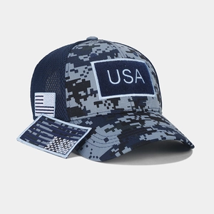 Tactical camo baseball cap with USA patches and breathable mesh back in navy blue