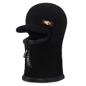 Winter thermal knit beanie hat with ear protection and warm fleece lining in black