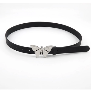 Minimalist black leather belt for women featuring a vintage silver butterfly metal buckle