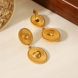 18K gold plated geometric heart drop earrings in stainless steel with sunburst texture