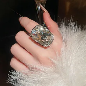 Large Cushion Cut Transparent Rhinestone Ring Copper Silver Color Plated Statement Cocktail Party Jewelry For Women