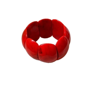 Chunky red marbled acrylic rectangular link bracelet with ethnic style elastic band