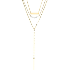 Three-layer gold stainless steel Y-necklace with flat bar pendant and white pearls