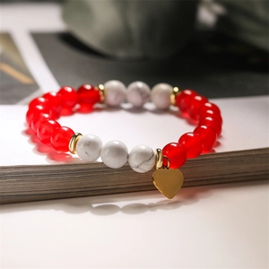 Natural Carnelian Agate Beaded Bracelet With Stainless Steel Heart Pendant Personality Handmade Stone Jewelry For Women
