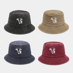 Washed Cotton Bucket Hat Cow Embroidery Distressed Sun Protection Outdoor Fishing Sun Hat For Men Women