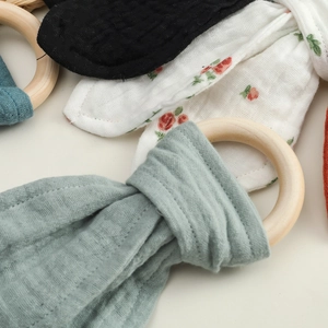 Natural wood baby teether rings with soft bunny ear cotton muslin fabric in assorted colors
