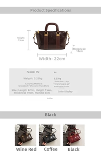 Detail view of stylish matte PU leather handbag showing 22x15x10cm dimensions and colors