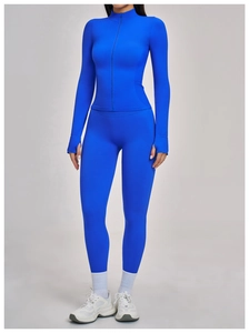 Detail of electric blue yoga jacket featuring thumbhole cuffs and a seamless stand collar