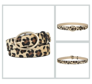 Detail of leopard print PU leather belt with oval golden buckle and fuzzy texture