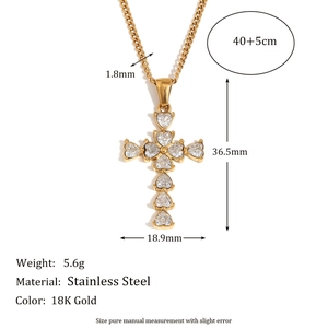 18K gold plated stainless steel necklace with heart-shaped cubic zirconia cross pendant