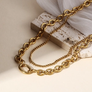 Double Layer Necklace 18K Gold Plated Stainless Steel Waterproof Geometric Oval Ring INS Style Jewelry For Women