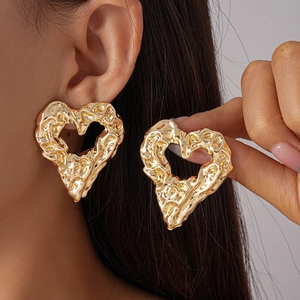 Retro Hollow Heart Stud Earrings With 925 Sterling Silver Earring Post Vintage Irregular Pleated Gold Plated Metal For Women
