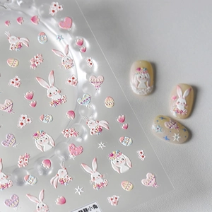 5D embossed rabbit nail art stickers with spring floral and heart patterns for manicure
