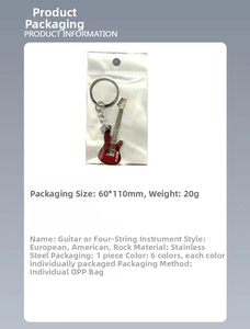 Macro shot of stainless steel guitar keychain with red lacquer finish in poly bag