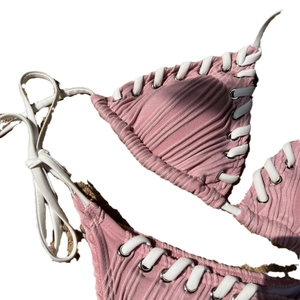 Pink ribbed two-piece bikini set with white lace-up details and silver metal eyelets