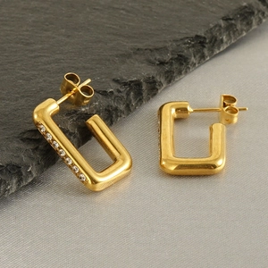 Minimalist 18K gold plated stainless steel rectangular hoop earrings with zircons