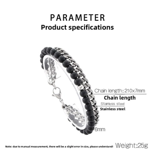 Detail view of double-layer men's bracelet showing 210x7mm cuban chain and 6mm onyx beads