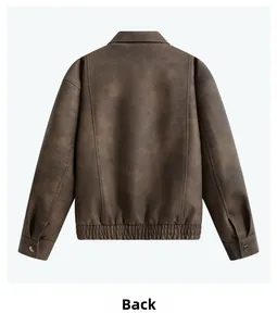 Vue arrière d'une veste vintage marron foncé en similicuir avec ourlet élastique et col