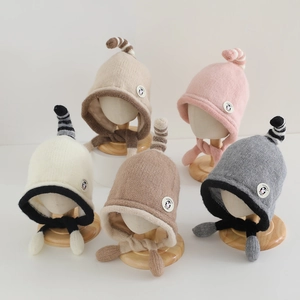 Children Knitted Ear Protection Hat Winter Warm Windproof Woolen Yarn Cute Penguin Patch Stripe Tail Decor For Toddlers
