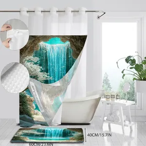 Rideau de douche gaufré imperméable motif cascade avec tapis de bain assorti au set