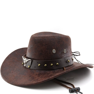 Western Cowboy Hat PU Leather Bull Head Metal Logo Punk Vintage Wide Brim Outdoor Camping Party Adjustable Unisex