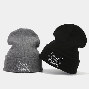Cat Mom Embroidered Beanie Hat Women Acrylic Knitted Winter Warm Cuffed Skull Cap Slouchy Cute Pet Lover Gift