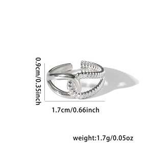 Detail view of silver hollow leaf ring with dimensions 0.9cm height and 1.7cm diameter