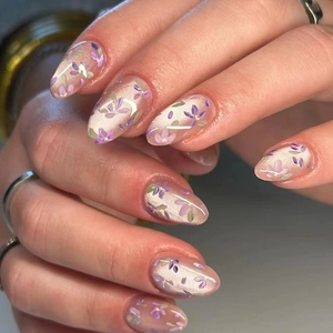 Almond Shape Cat Eye Press On Nails Purple Floral Pattern Sweet Pastoral Style Detachable False Nails Women Manicure Art