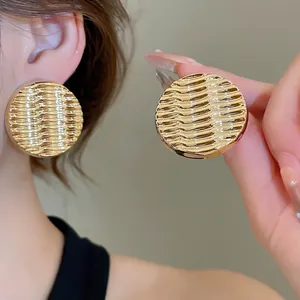 Round Geometric Stud Earrings With Ripple Water Wave Texture Gold Plated Alloy With Silver Earring Post Fashion Jewelry