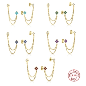 S925 sterling silver chain earrings with colorful clover gems and diamond accents