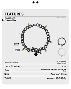 Detail showing S925 sterling silver chain bracelet dimensions and toggle clasp features