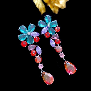 Colorful floral drop earrings with peacock blue petals and multi-color zircon tassels
