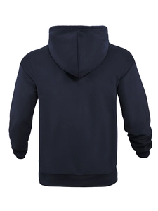 Detail of navy blue hoodie featuring unique honeycomb textured fabric and ribbed hem