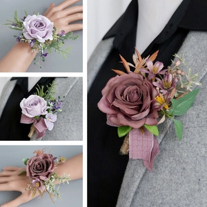 Lavender and vintage rose wedding corsage and wristlet set with ribbons and greenery