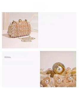 Close-up of pearl clasp and fabric rose details on cream evening clutch bag