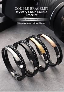 Detail of multi-layer braided leather bracelets in silver, black, gold and rose gold