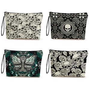 Trousse De Maquillage Imprimé Papillon Crâne Gothique Pochette Cosmétique En Simili Lin Avec Dragonne Organisateur De Voyage