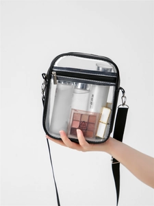 Close-up of transparent PVC crossbody bag showing capacity for cosmetics and toiletries